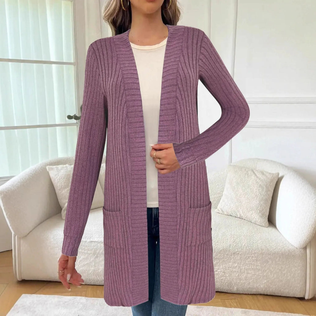Loose fitting long sleeve knitted cardigan jacket with pockets in black, wine red and grey colours