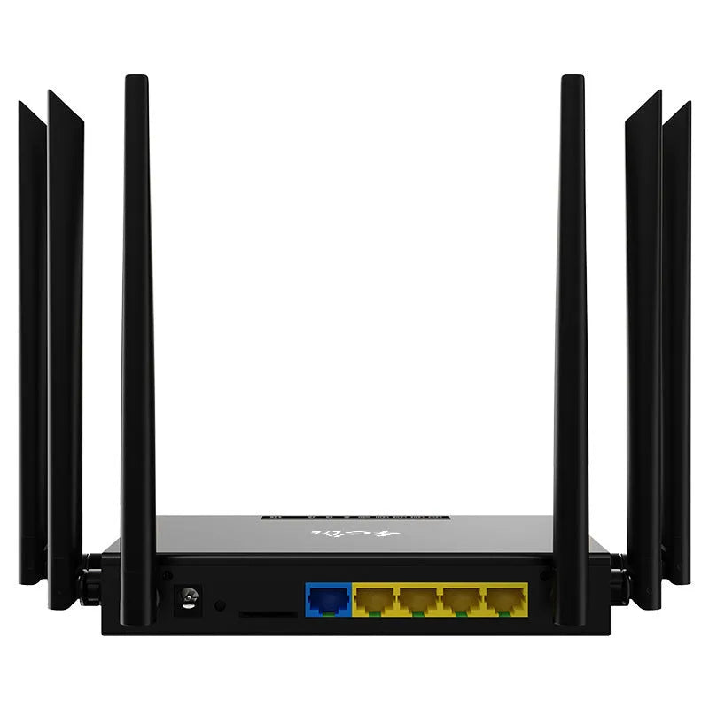 Industrial iron box 4G router with DC power port and optional sucker antennas on a grey background.