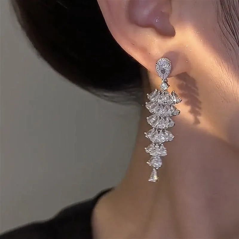 Silver pagoda coloured Christmas tree drop earrings with sparkling zircon for women.