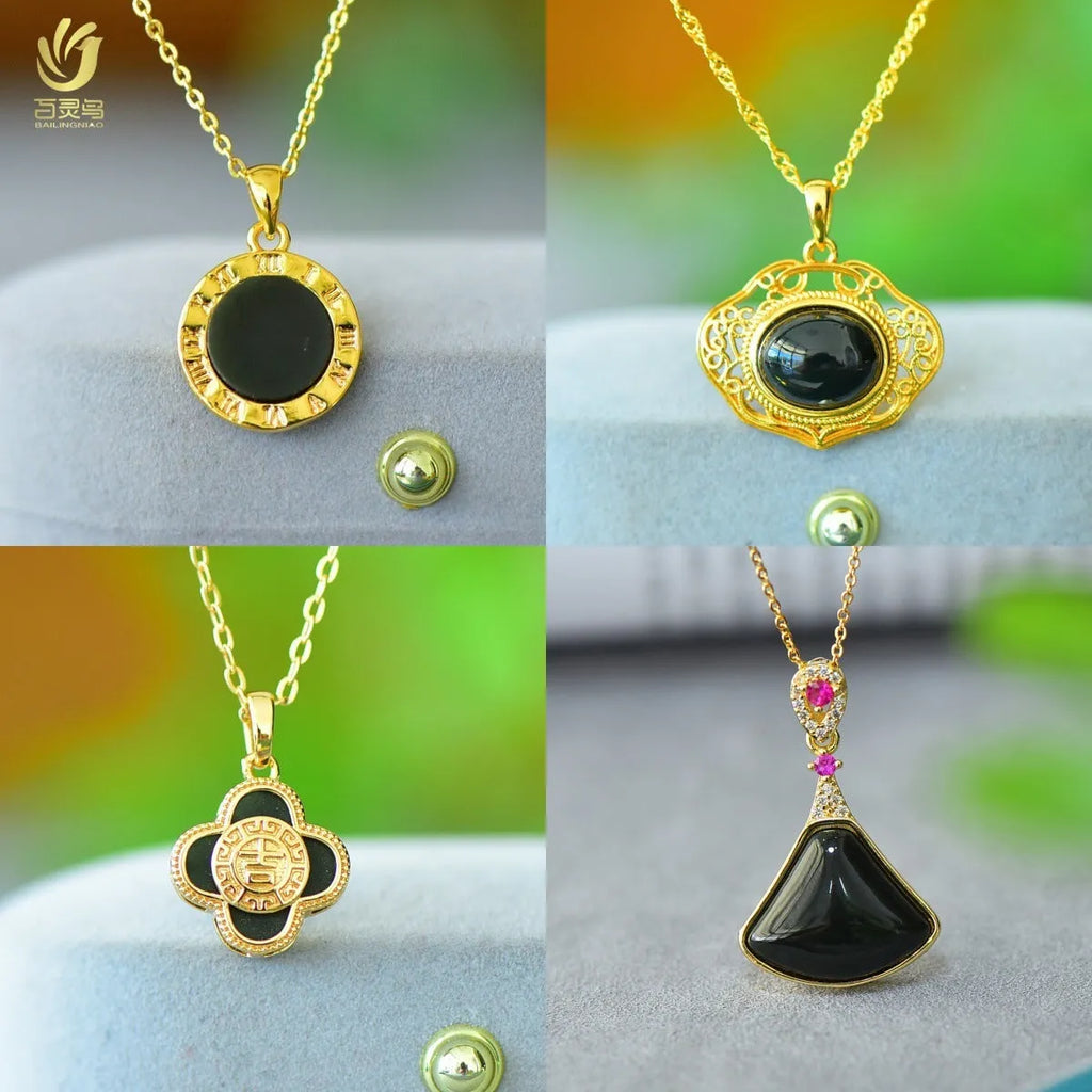 Flat geometric Hetian jade pendant with copper inlay on a necklace chain.