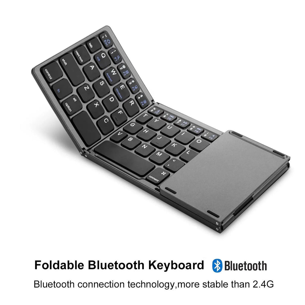 Mini tri-fold Bluetooth keyboard shown unfolded and folded, black colour option