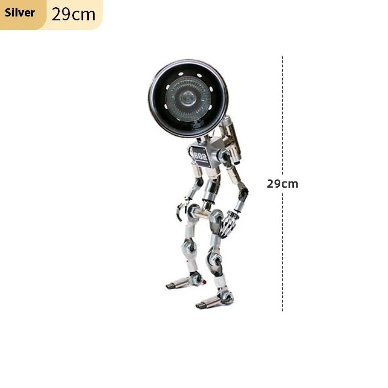 Silver copper robot-shaped atmosphere light with graphic customisation on a desk.