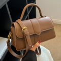 Women's beige PU leather horizontal square messenger bag with crossbody strap and external pocket