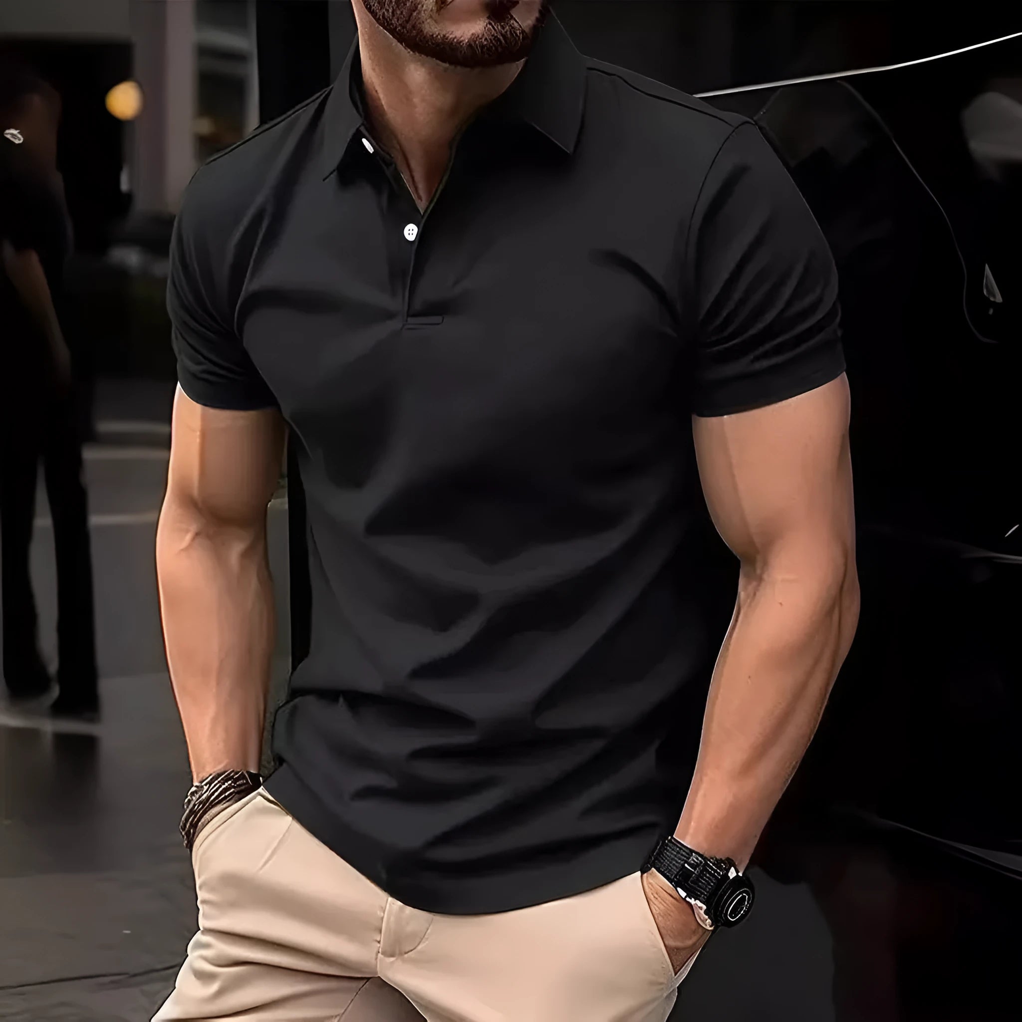 Men's slim fit solid colour short sleeve casual shirt with button front in cotton polyester fabric