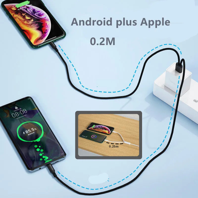 Black braided two-in-one charging cable with two Android Micro USB connectors for simultaneous device charging