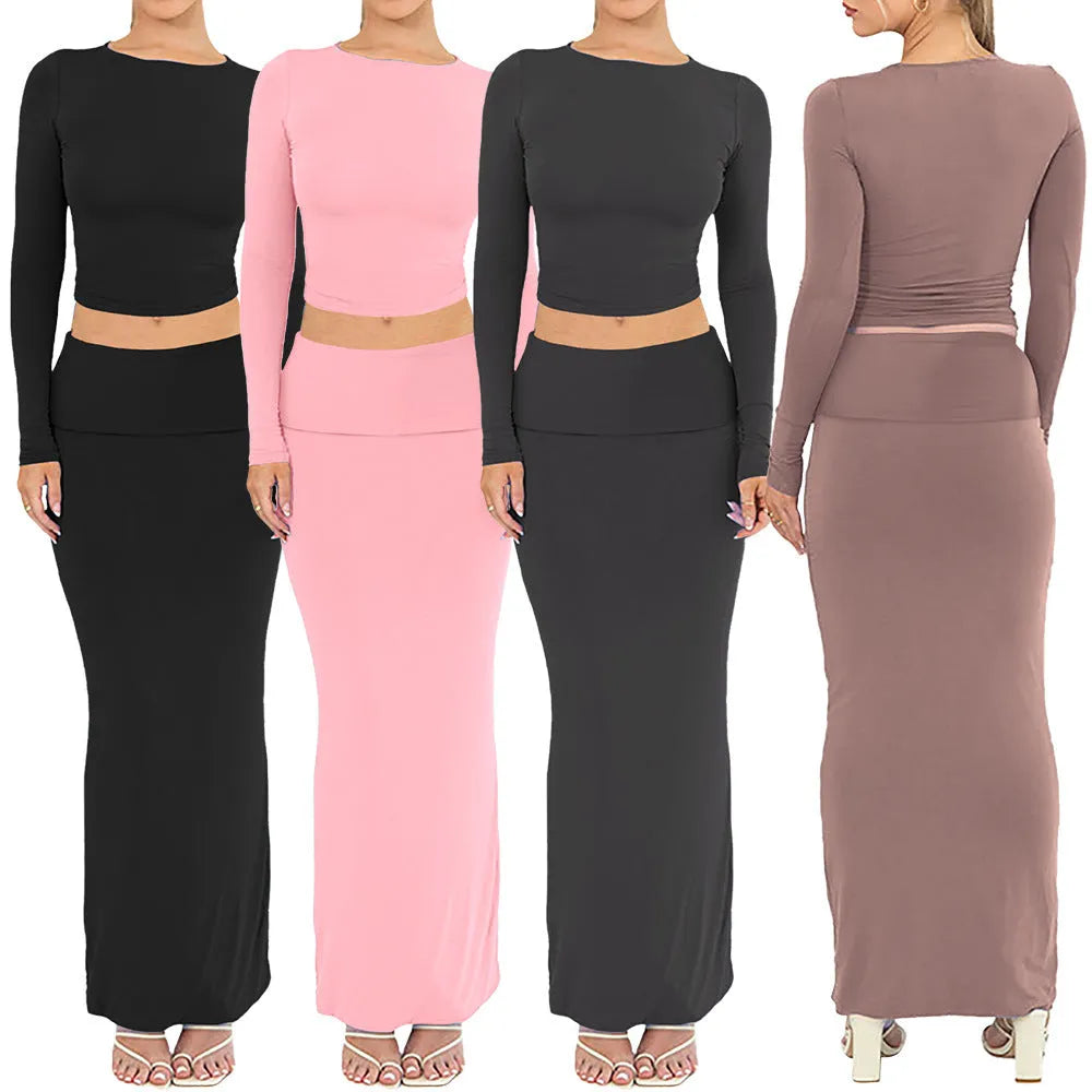 Women's polyester two-piece autumn suit in sweet style with three-quarter sleeves and long skirt