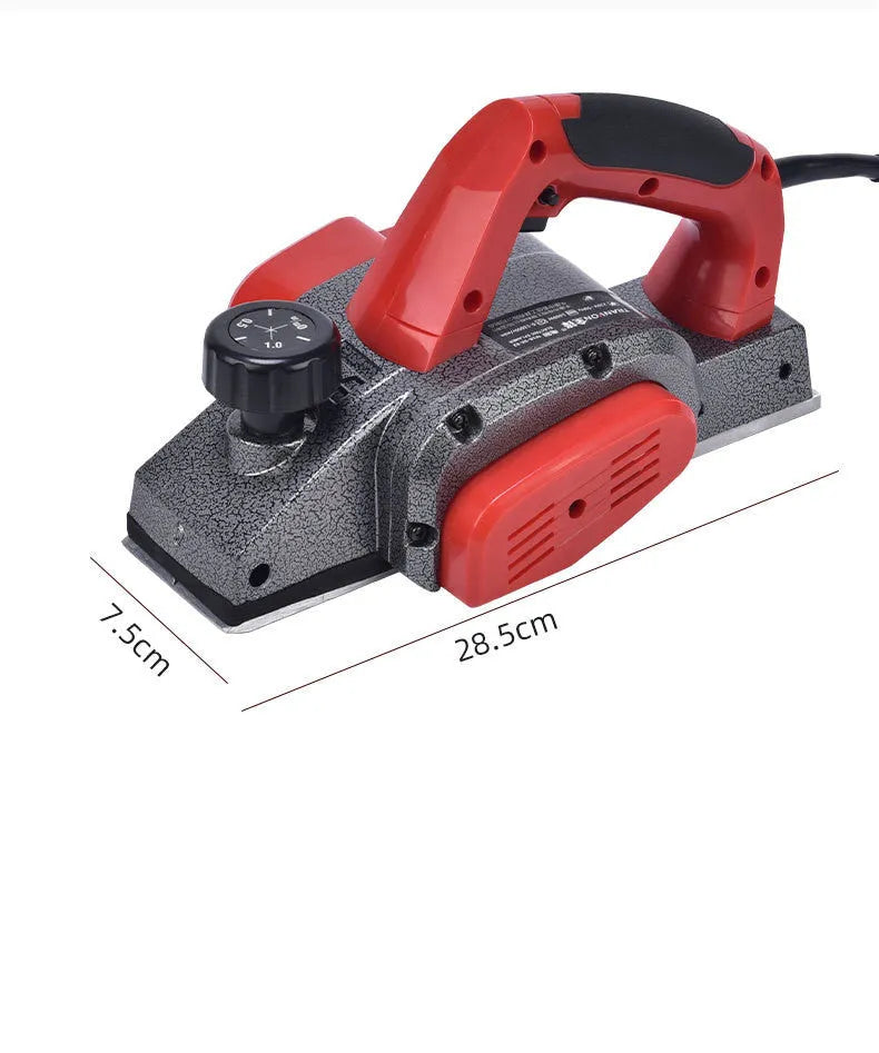 Red electric wood planer with aluminium body and 82mm planing width for household carpentry