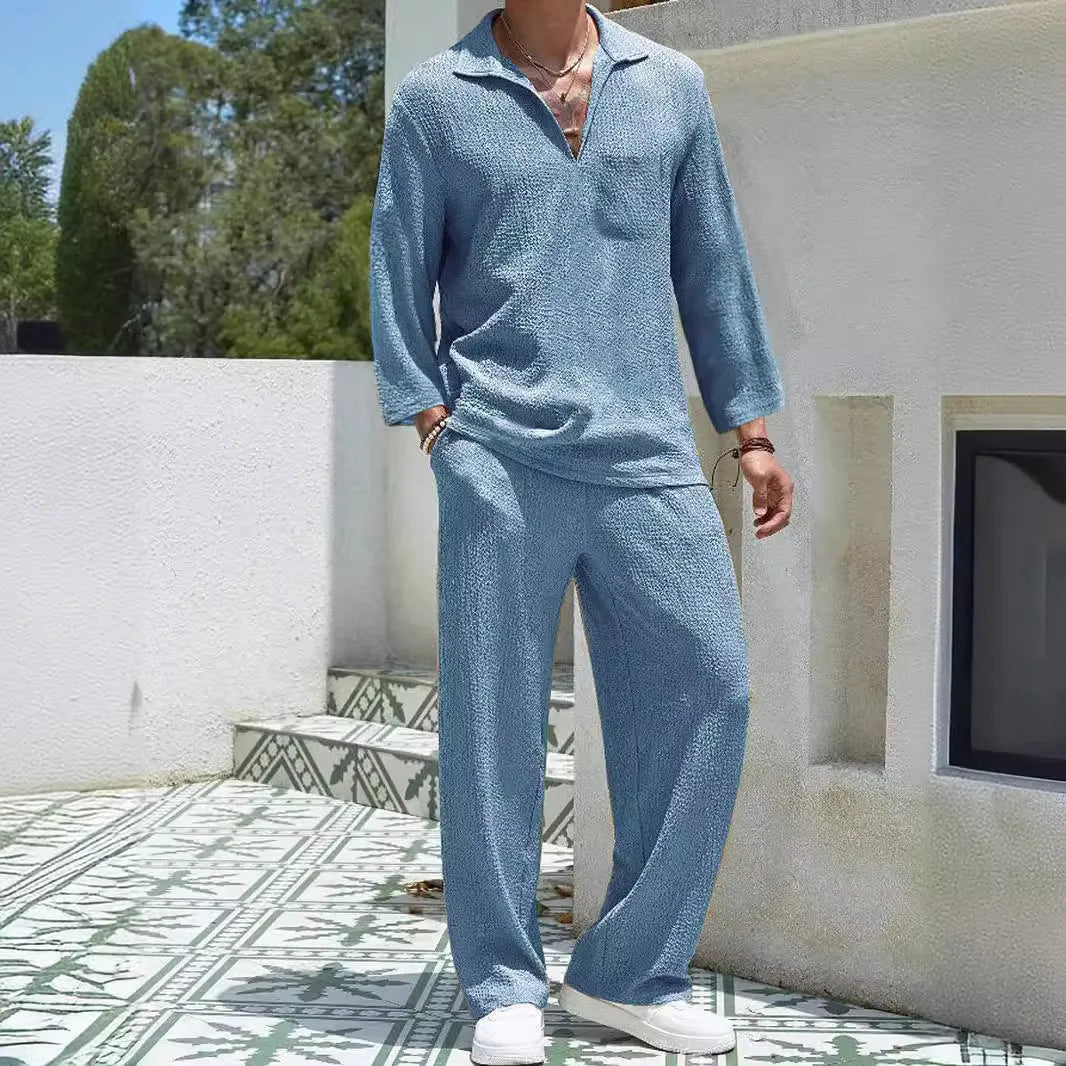 Men's casual shirt and trouser suit in polyester, shown in lake blue, for commuting and leisure wear.