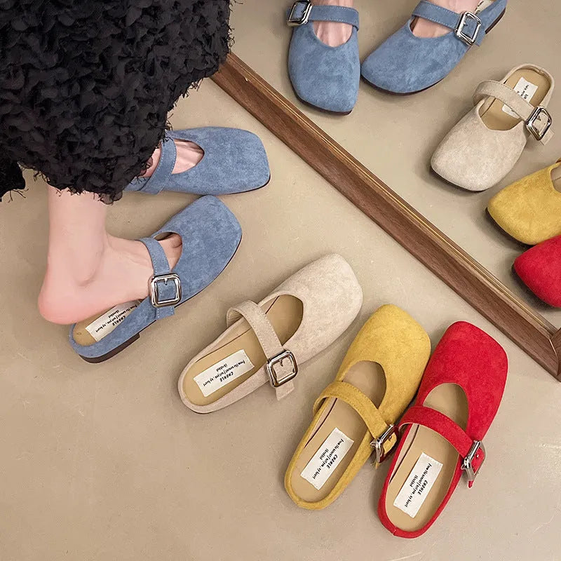 Women's flat closed toe half slippers with square toe in apricot, blue, red, and yellow colours.