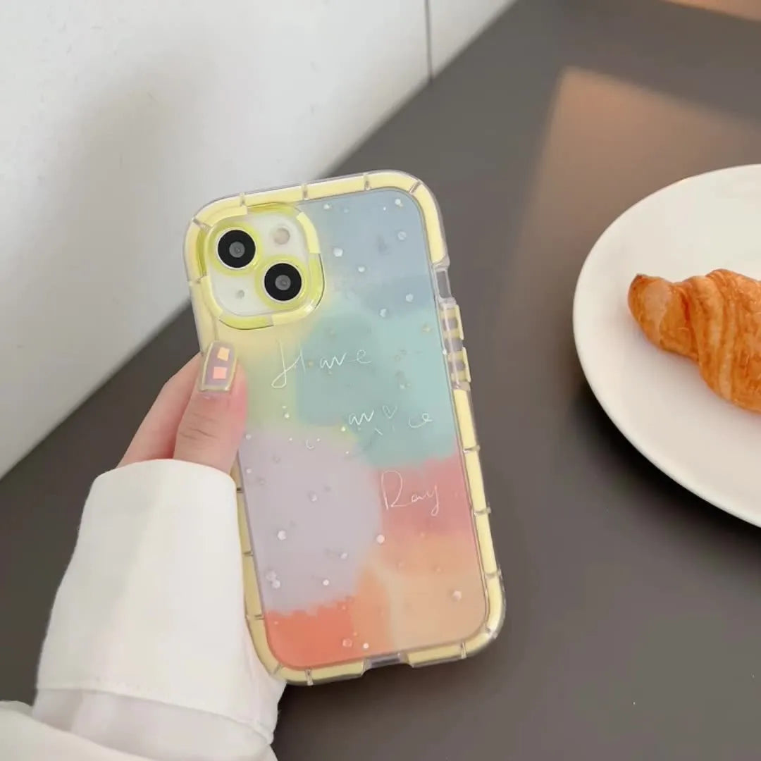 Minimalist contrast colour silicone iPhone case with yellow edge showing front and back views