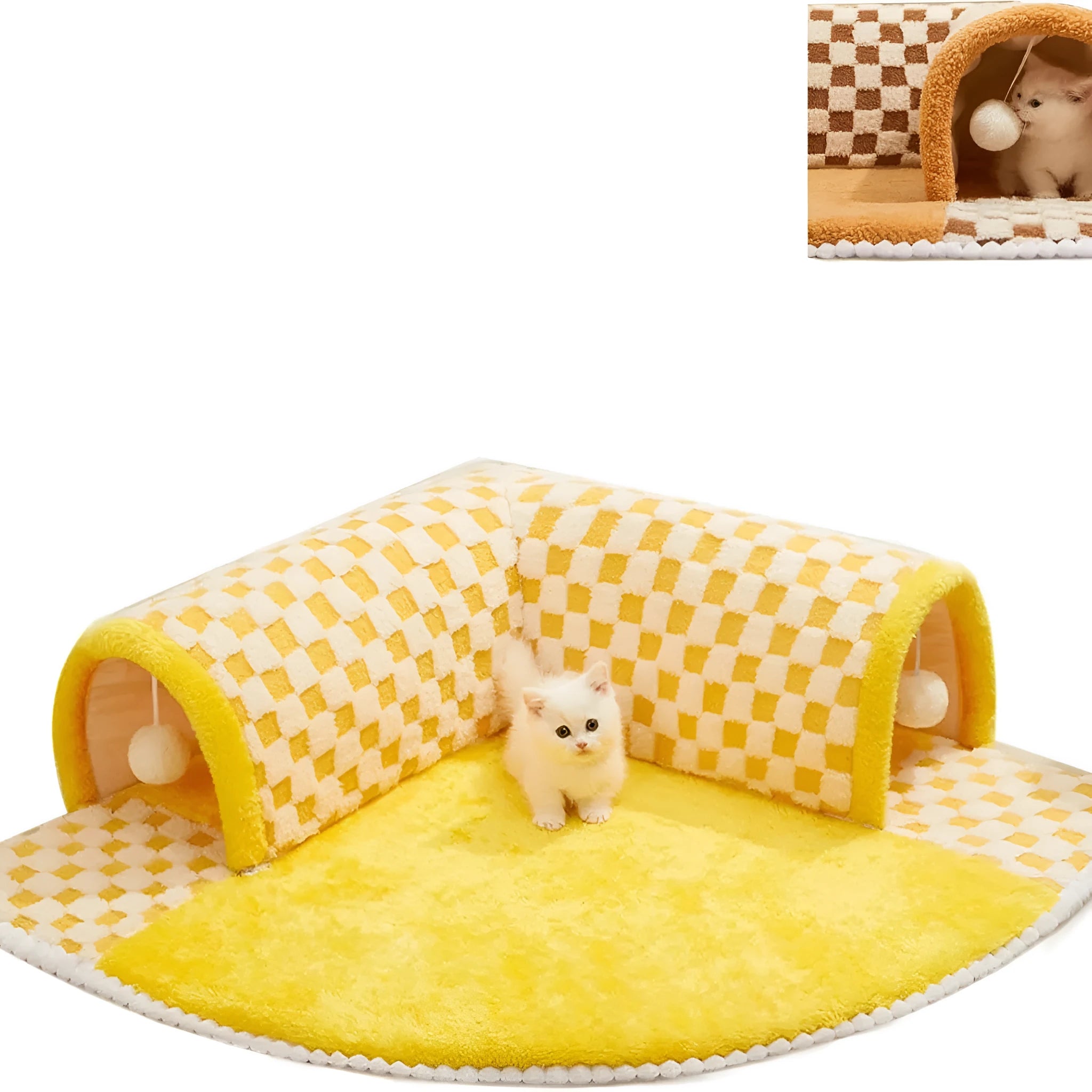 Brown plaid cat tunnel bed with central mat showing non-slip bottom and zipper closure