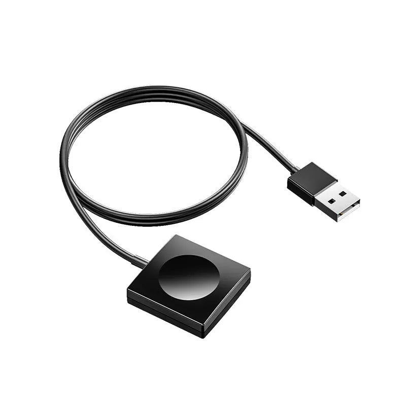 Portable wireless charger dock for Apple Watch in white, with USB cable and compact ABS body