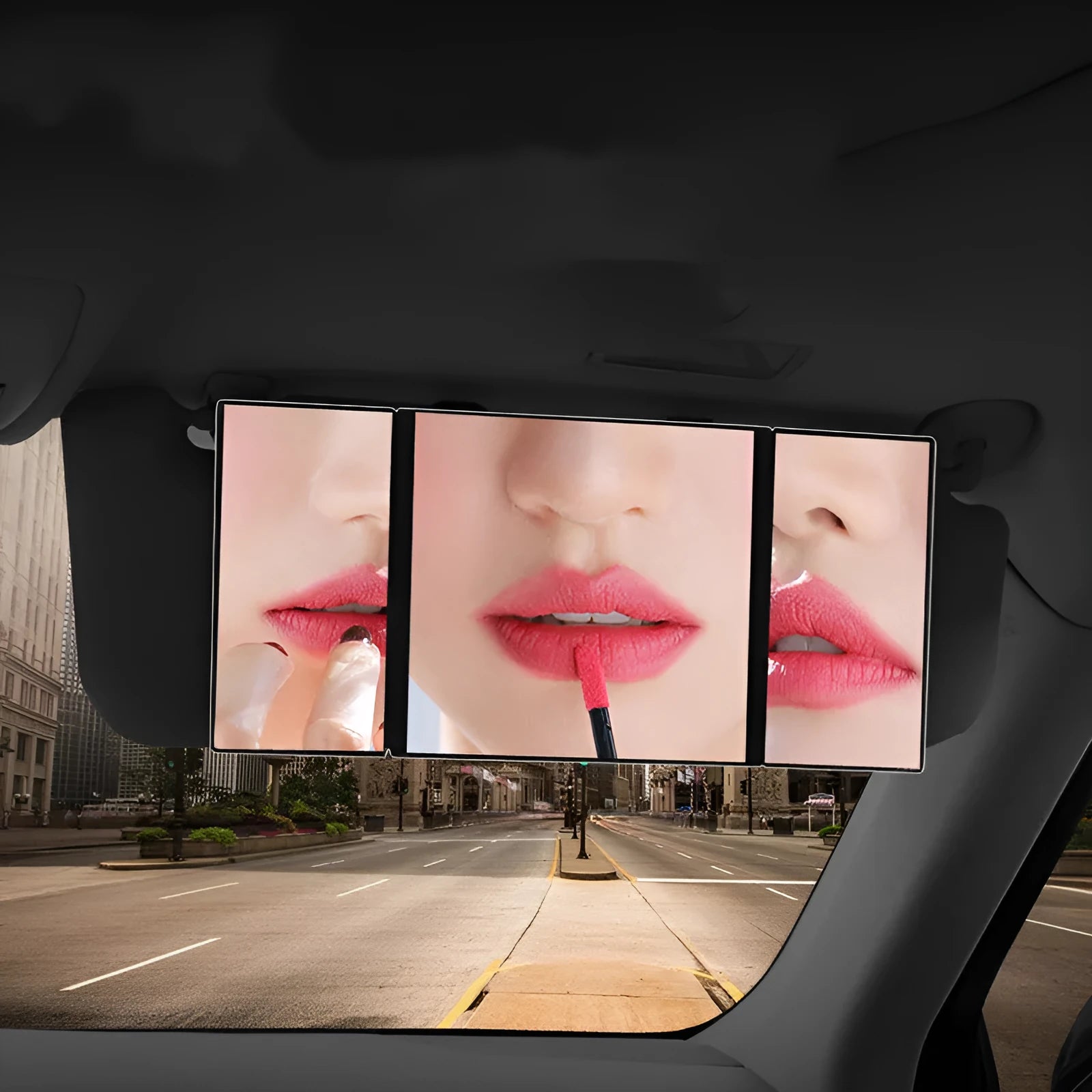 Silver folding car visor grooming mirror shown open and closed, made from ABS and glass.
