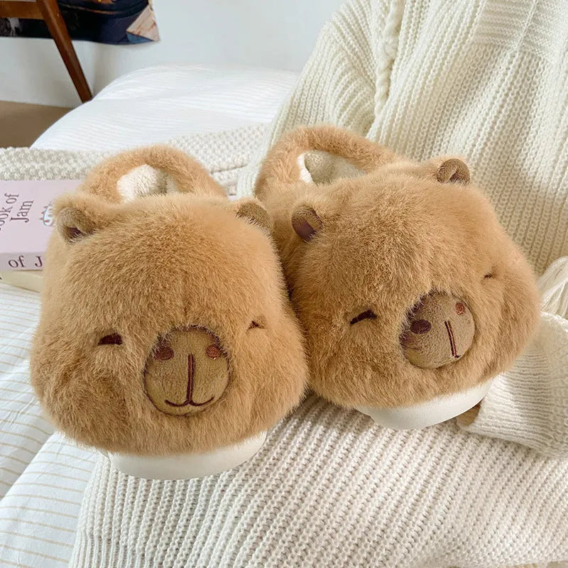 Light brown women's winter plush slippers with artificial wool lining in UK sizes 36-41