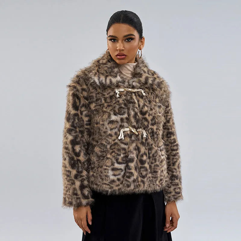 Women's leopard print coat with buckle lapel detail showing normal length street fashion design