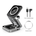 Foldable three-in-one wireless charging bracket for Apple, Samsung phones, and Google Pixel Watch on a desk.