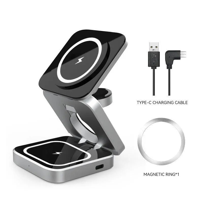 Foldable three-in-one wireless charging bracket for Apple, Samsung phones, and Google Pixel Watch on a desk.