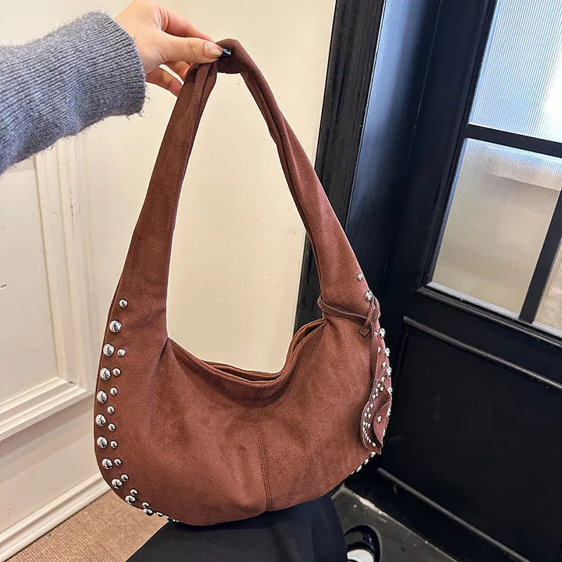 Soft plush casual tote handbag in retro style, shown in a selection of colours including black, brown, green, red, and coffee.