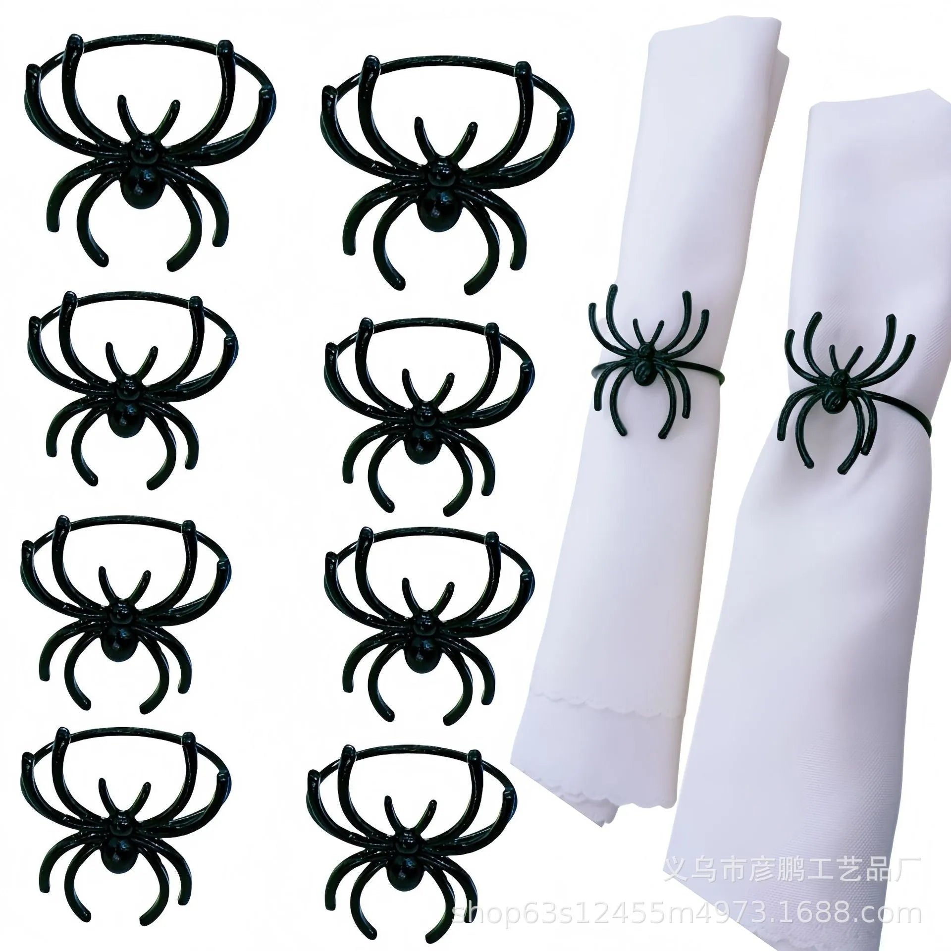 Six black metal spider napkin rings for Halloween table decoration