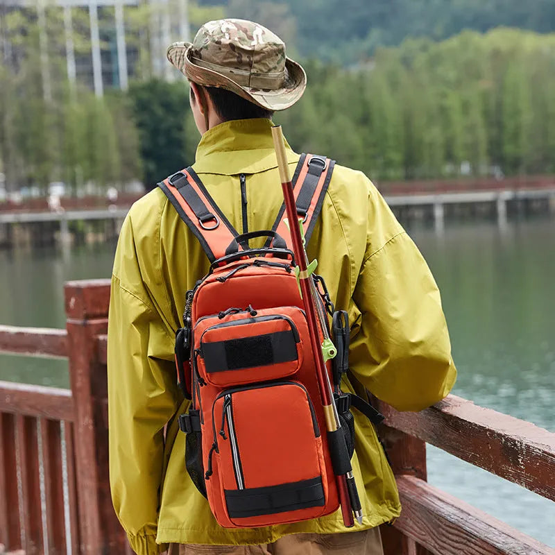 Large 20-35 litre outdoor backpack in orange colour made from Derm material for hiking and camping