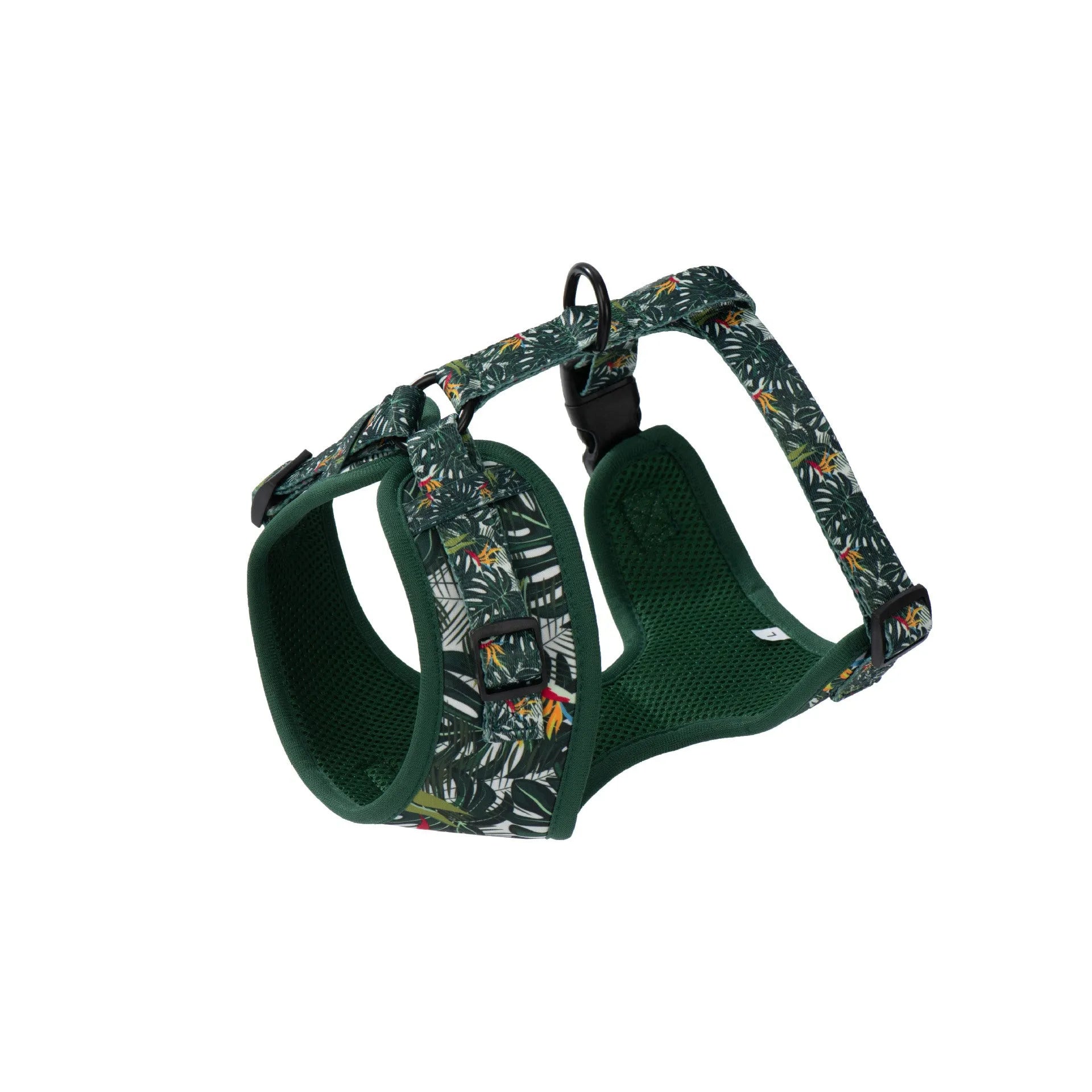 Six-piece cloth dog harness set with chest back, leash, collar, waste bag, bow tie, and scarf in various colours