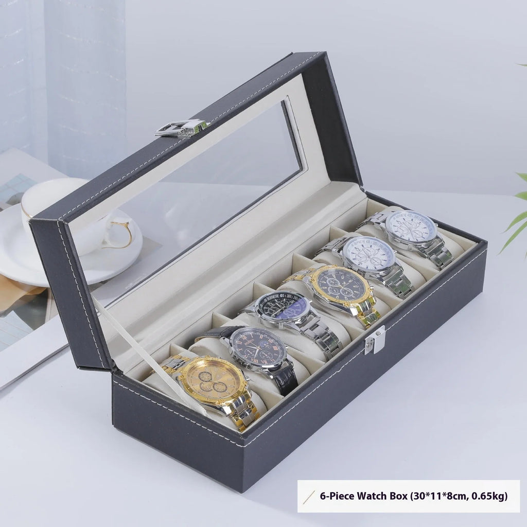 Grey high-grade leather watch storage box with clear dustproof lid showing multiple watch slots inside.