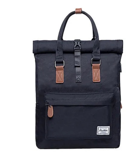 Casual black polyester backpack showing interior computer pocket and under 20-litre capacity