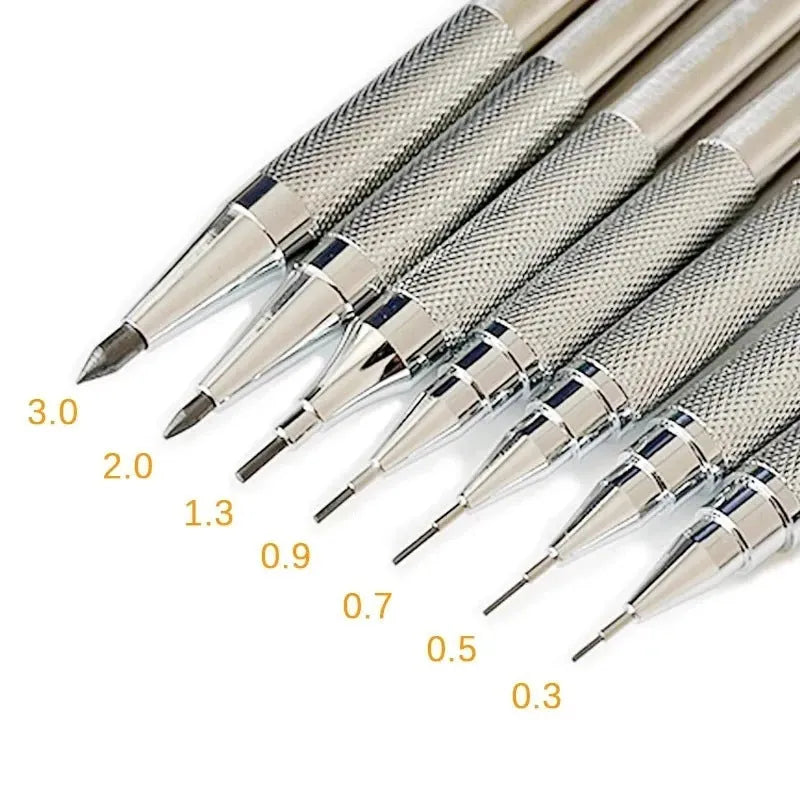 Metal automatic mechanical pencil showing barrel detail and lead size options from 0.5mm to 2.0mm