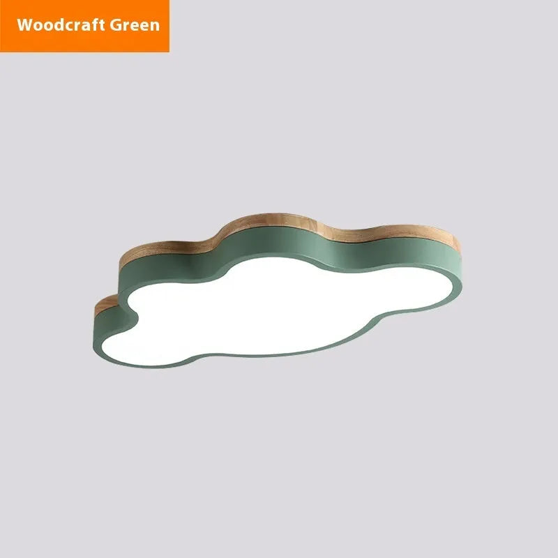 Modern cloud-shaped ceiling lamp with wood-effect finish in choice of colours, mounted on a white ceiling.