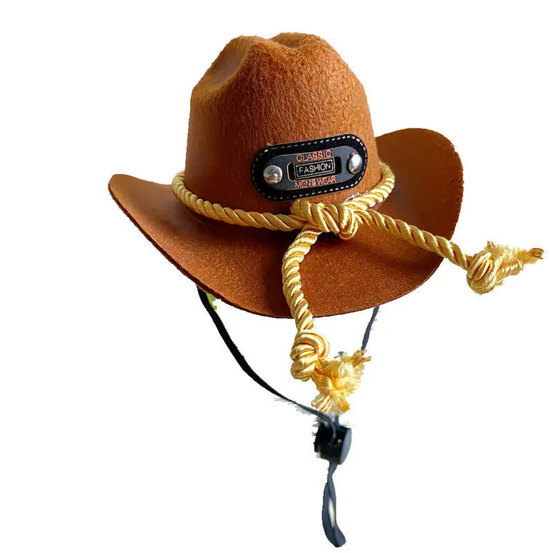British cowboy hat for a cat with decorative velvet band or ribbon, shown in brown or black.