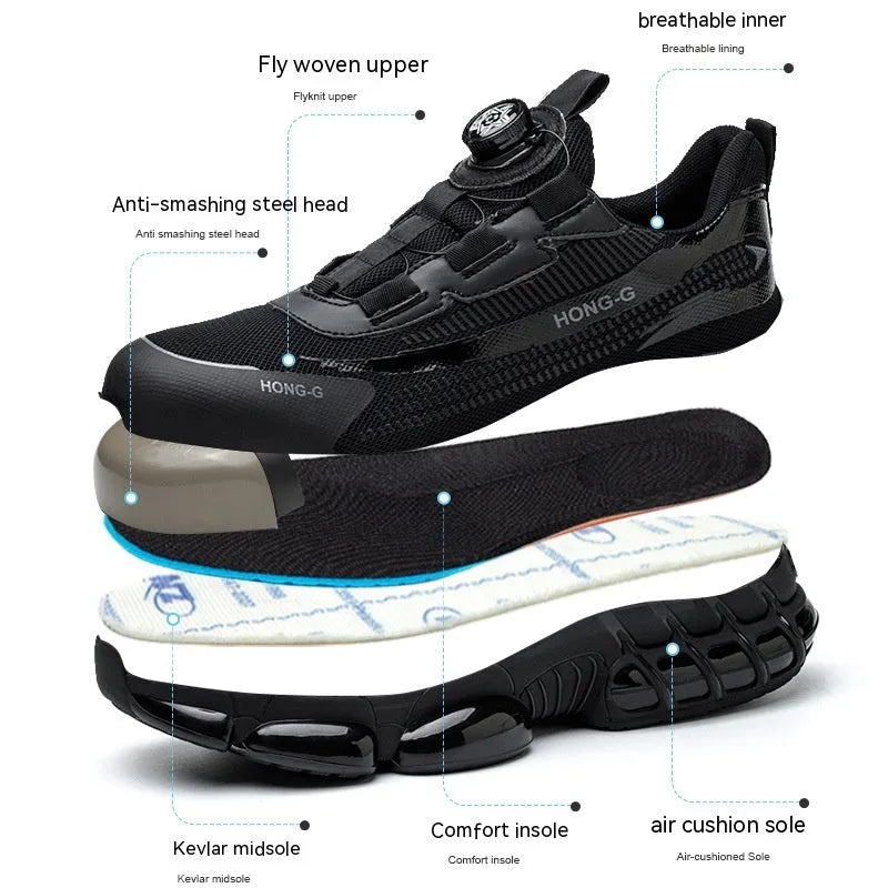 Lightweight black anti-smash anti-stabbing work safety shoe with laces and steel toe cap