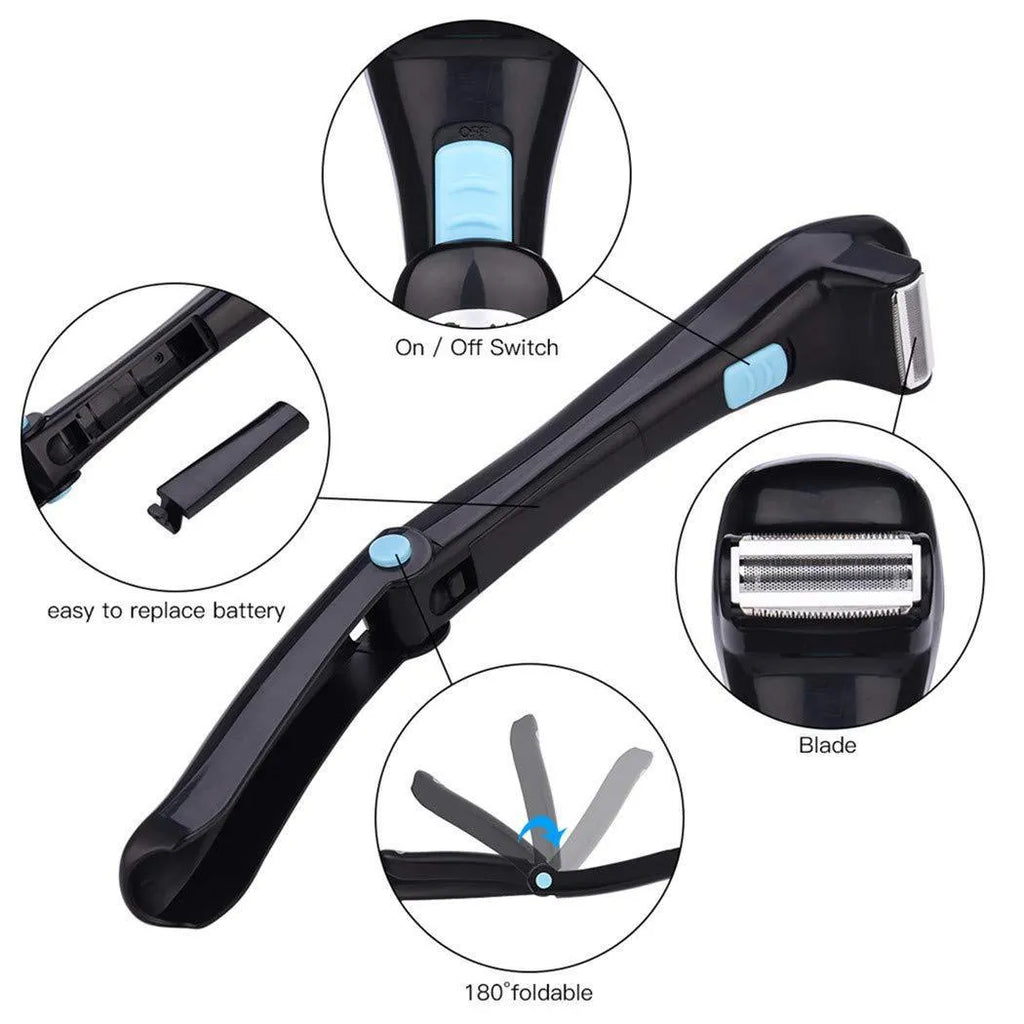 Black folding body electric shaver shown in open and closed positions