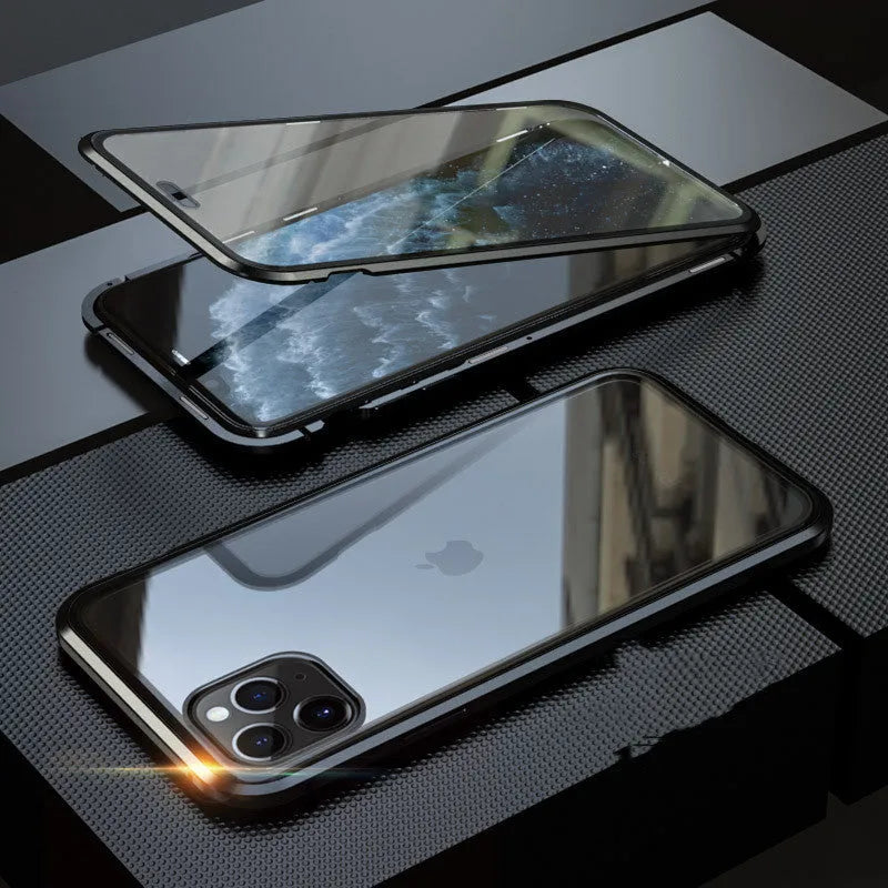 Clamshell anti-spy phone case in six colours showing tempered glass construction for iPhone privacy protection