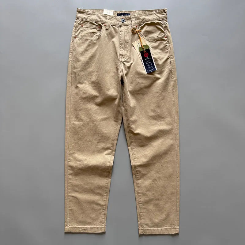 Men's straight-leg cotton casual trousers in khaki colour, laid flat to show mid-waist and straight cut.