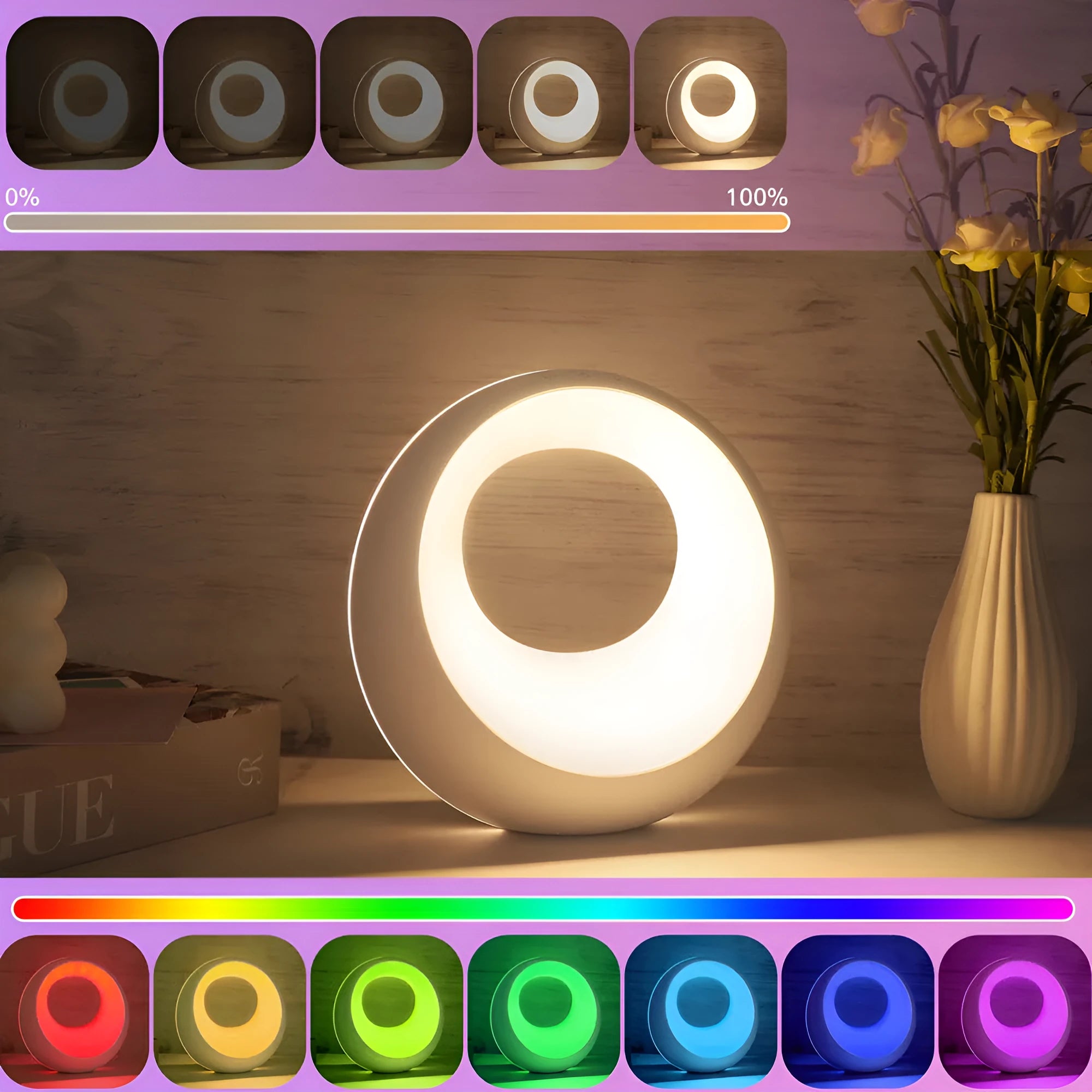 Creative Touch small RGB colour-changing desk night lamp with remote control on a wooden surface.