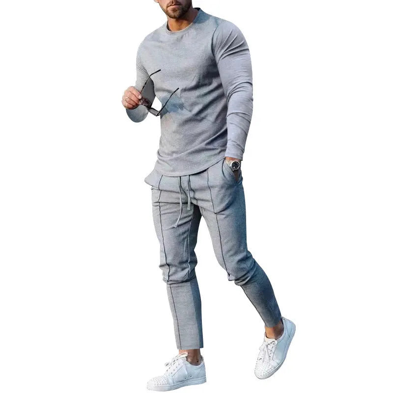 Men's two-piece casual suit with round-neck long sleeve T-shirt and matching trousers in solid colour