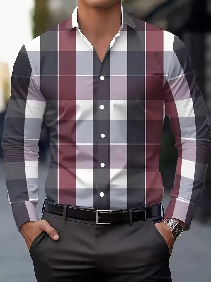 Men's striped long sleeve shirt with a button lapel collar in a choice of colours.