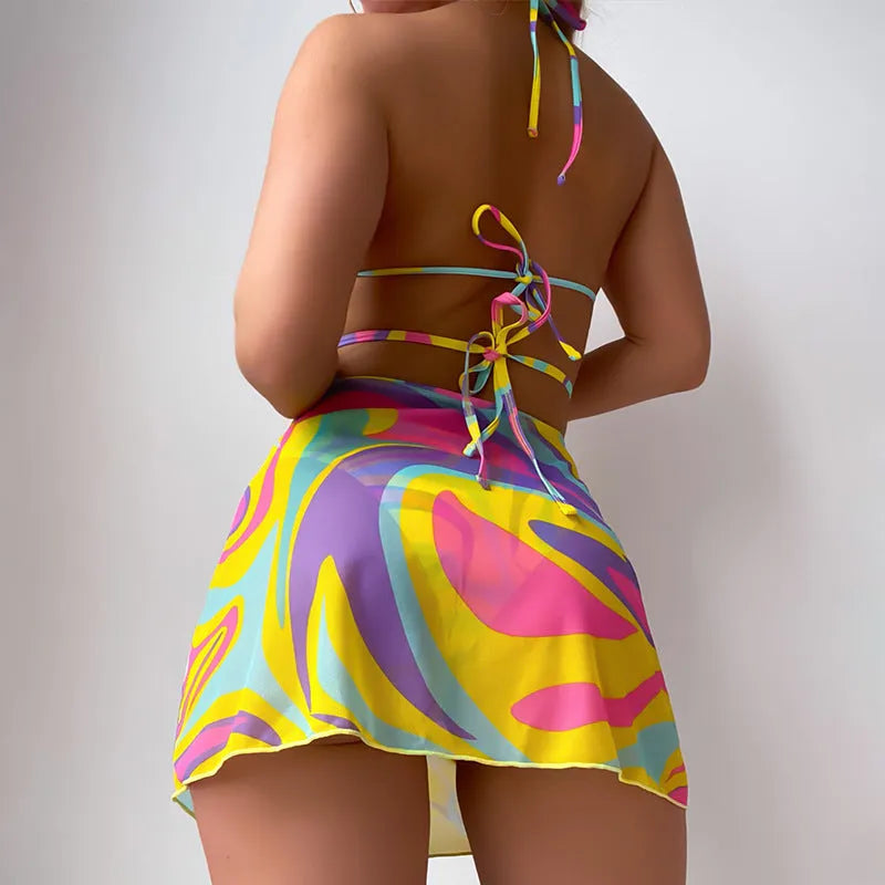 Yellow striped halter-neck lace-up swimsuit for women with matching shorts and skirt