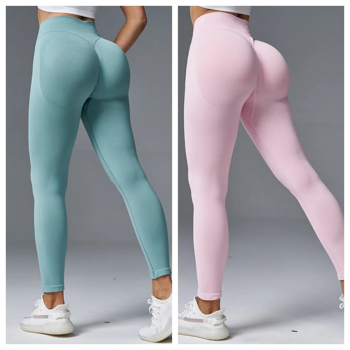 Women's solid colour cotton blend yoga pants with a mid waist and hip-tightening fit.