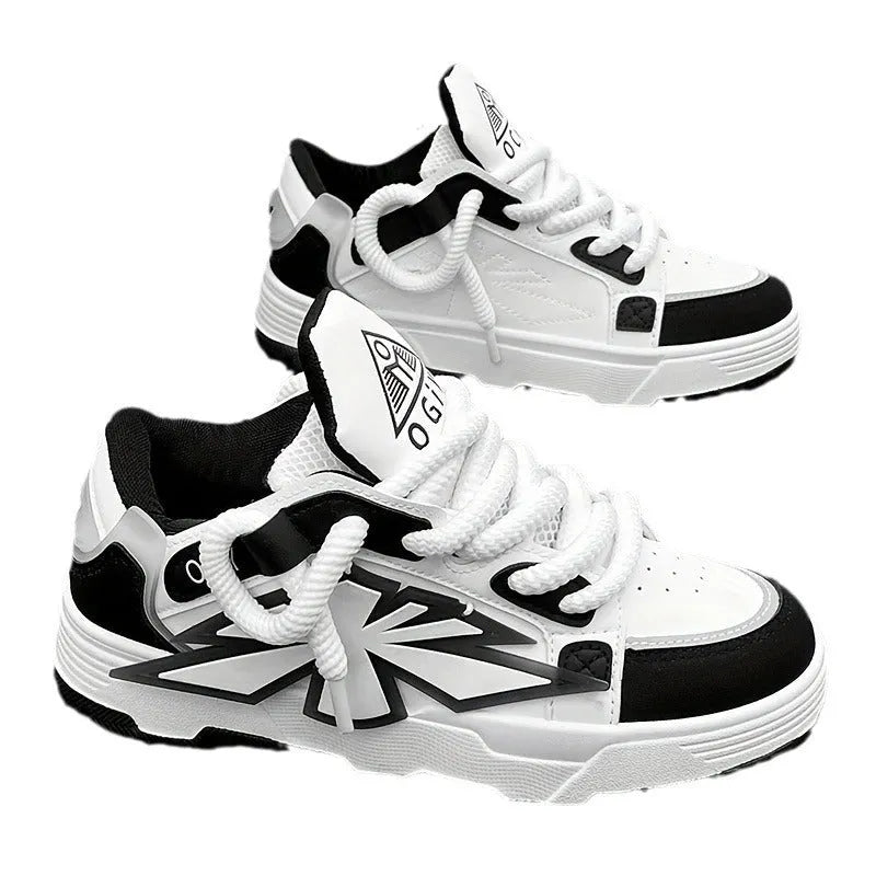 Men's white chunky sole sneakers with cartoon totem pattern and front lace-up design.