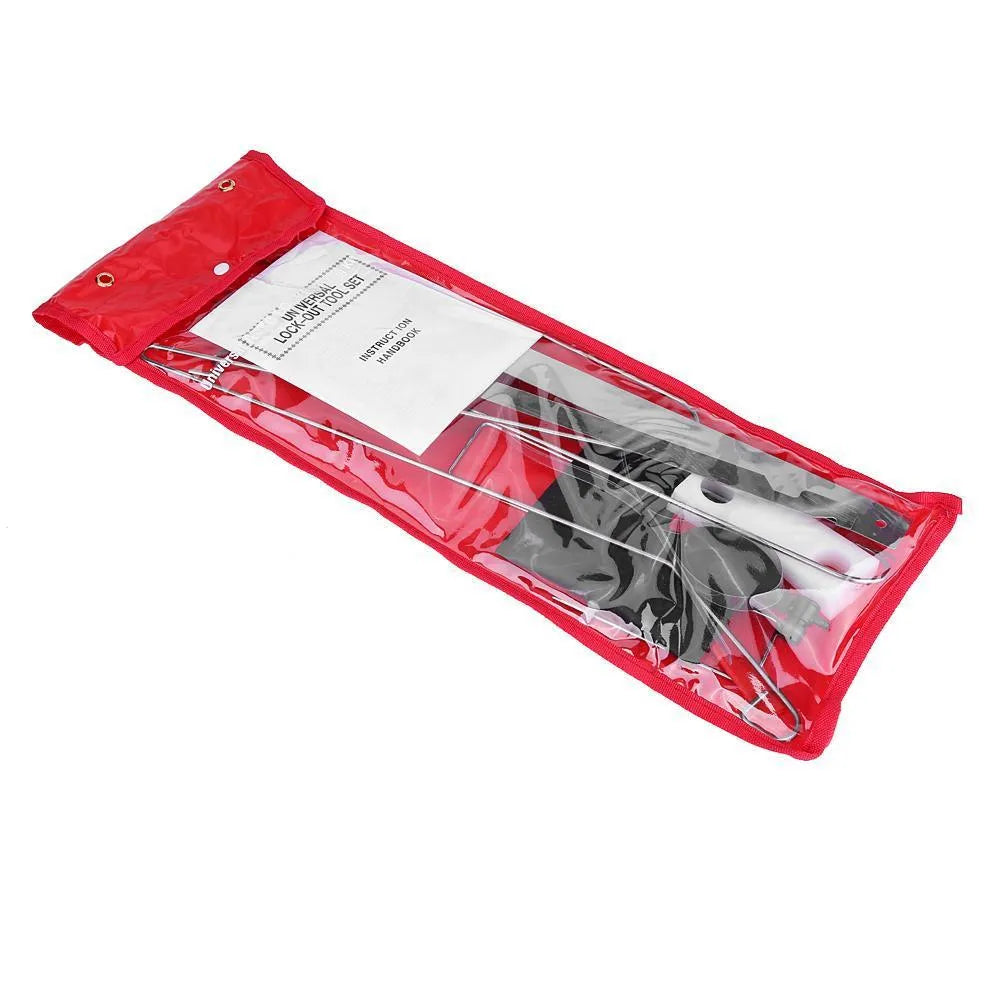 9-piece automotive maintenance kit with air pump wedge, hooks, plastic wedges, and pry bars