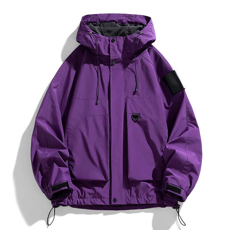 Men's black waterproof hooded jacket with long sleeves on a hanger.