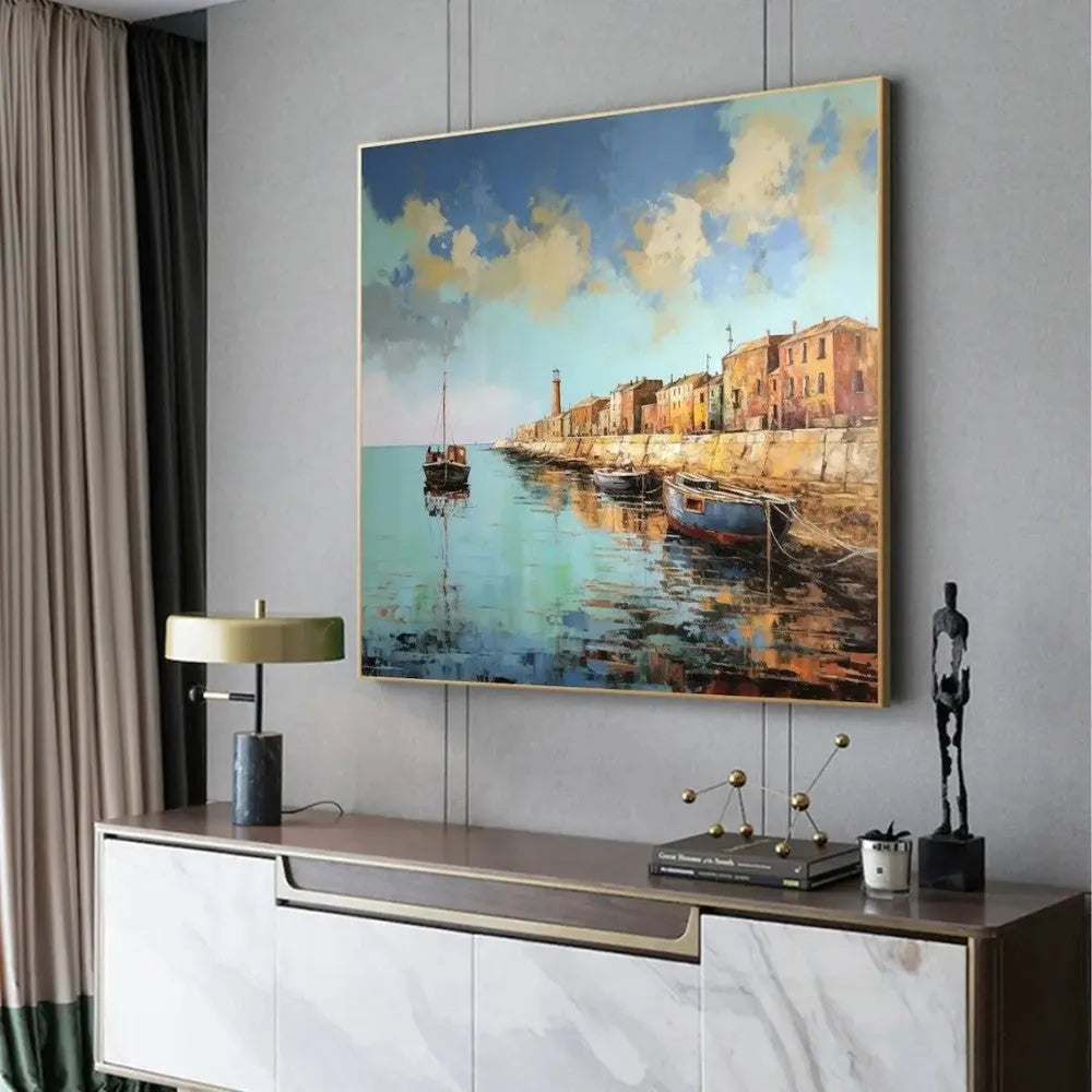 Hand painted abstract pier and boat landscape oil painting on square canvas