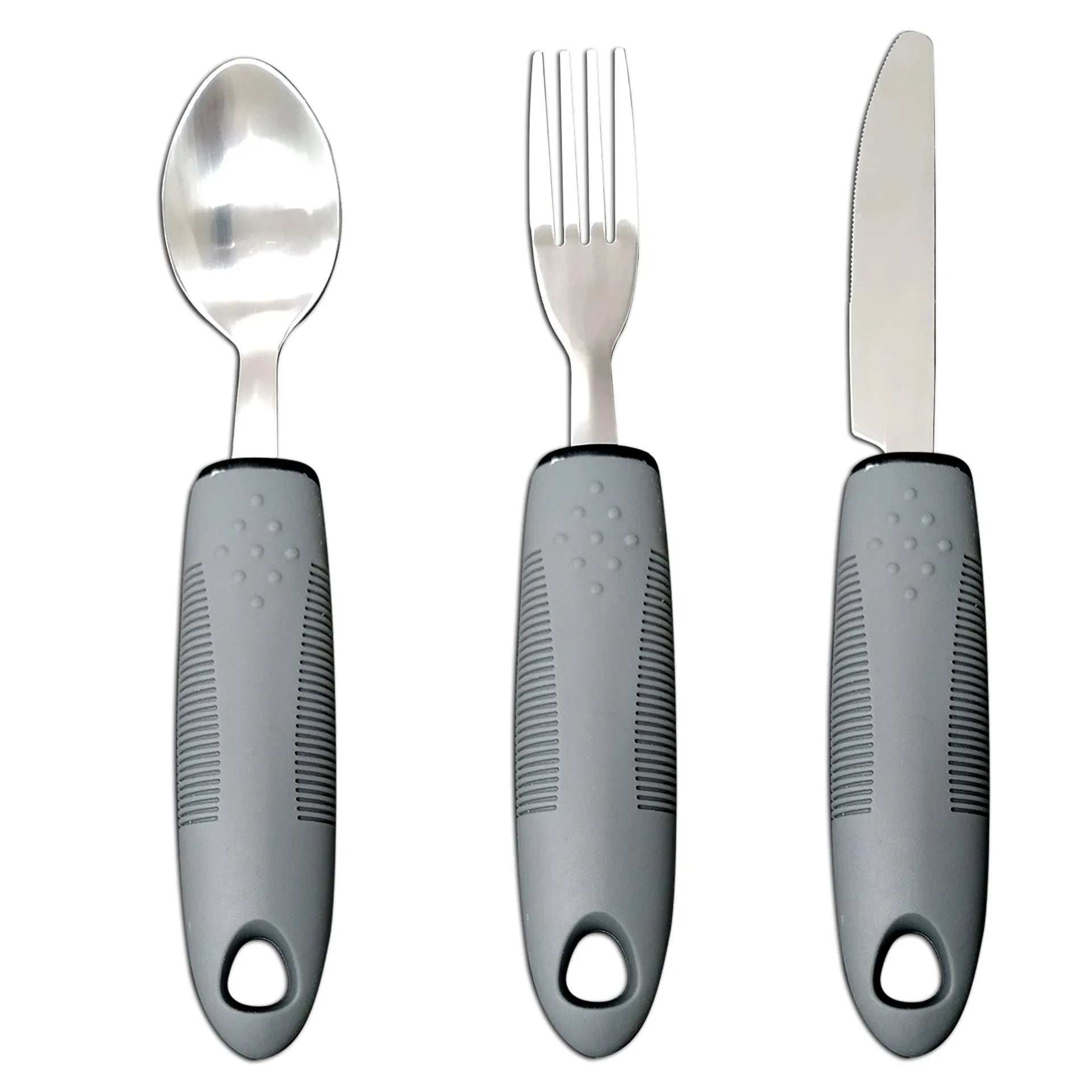 Stainless steel adaptive eating utensils with rubber anti-shake handles for elderly dining assistance