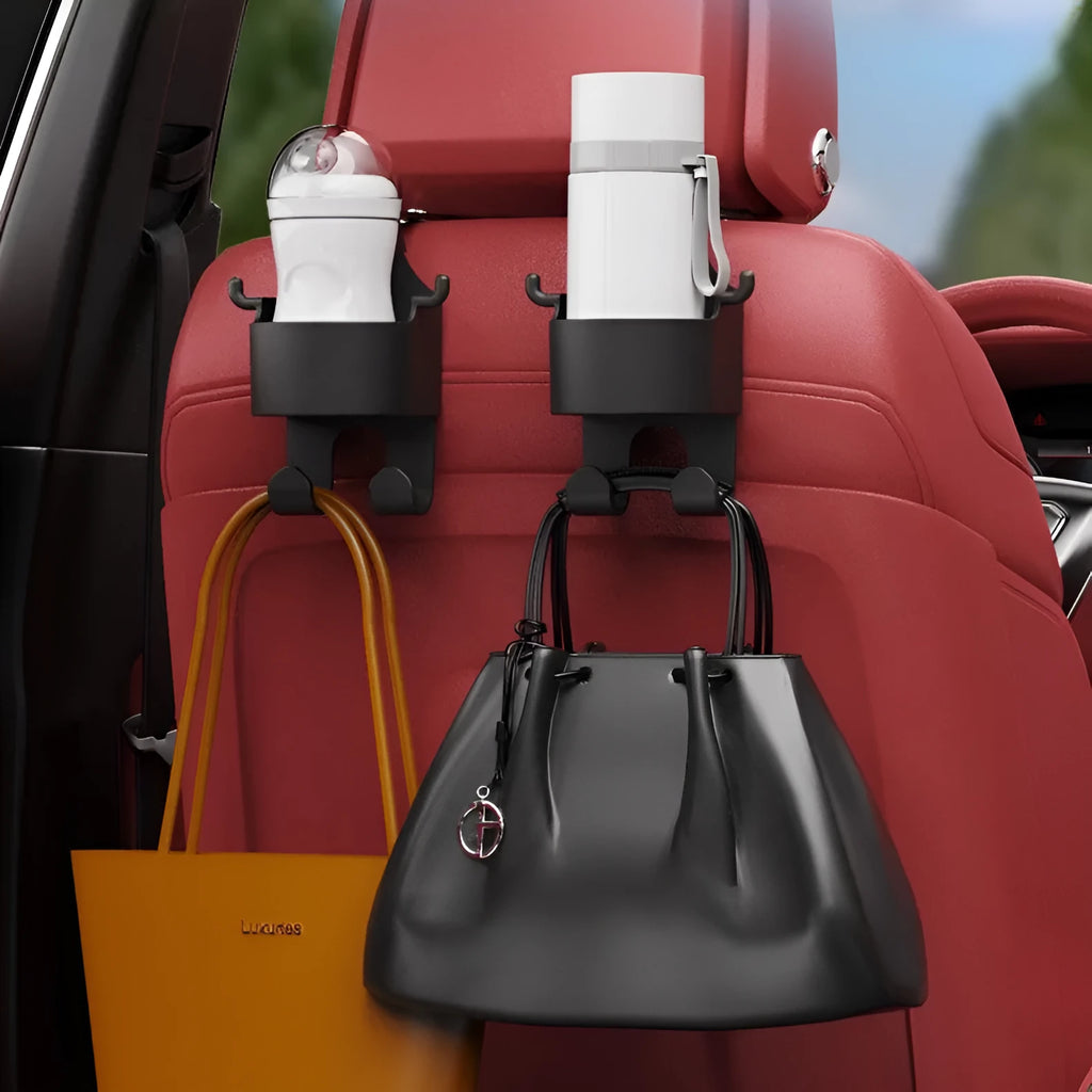 Black plastic car seat back hook organiser with cup holder and hanging hooks