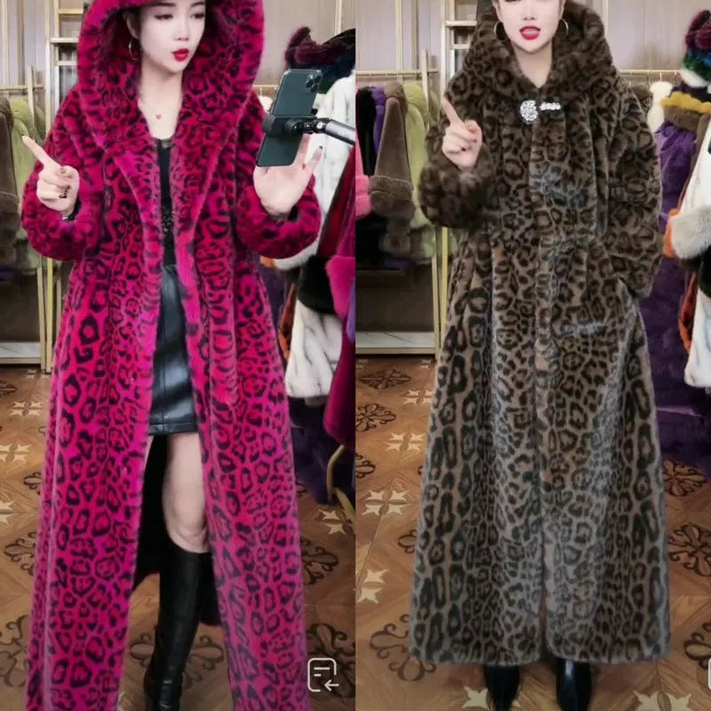 Loose plus size long brown leopard print faux fur coat on a hanger