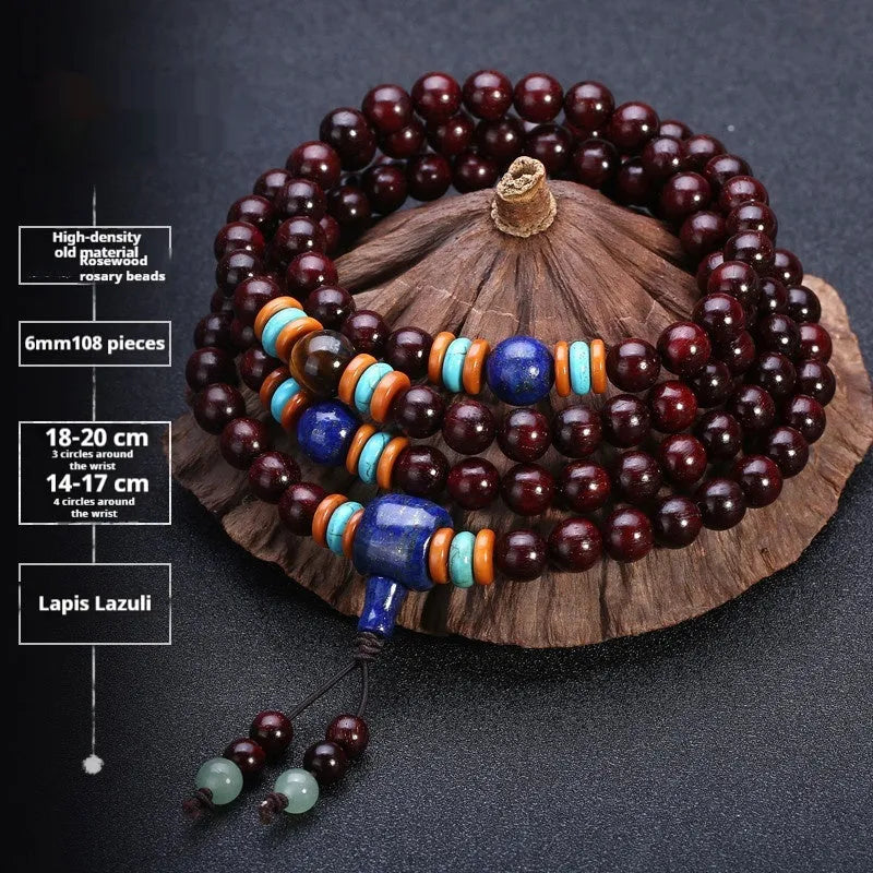 Men's rosewood bracelet with 108 beads showing lapis lazuli stone design option