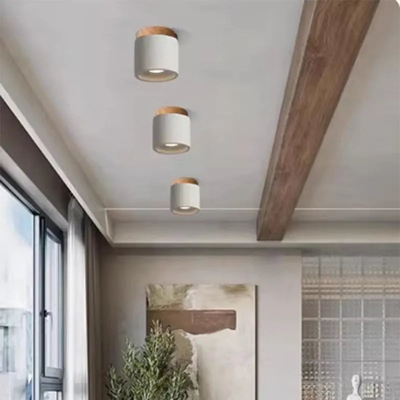 Cement Japanese-style ceiling lamp with log accents, White Sandstone finish, for corridor or restaurant