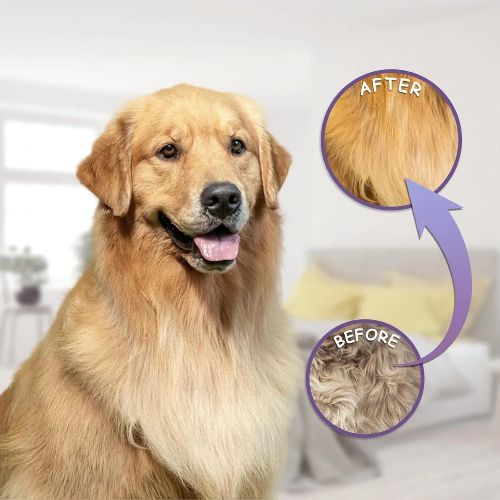 Purple pet detangling comb with stainless steel teeth and ergonomic handle for dog and cat grooming