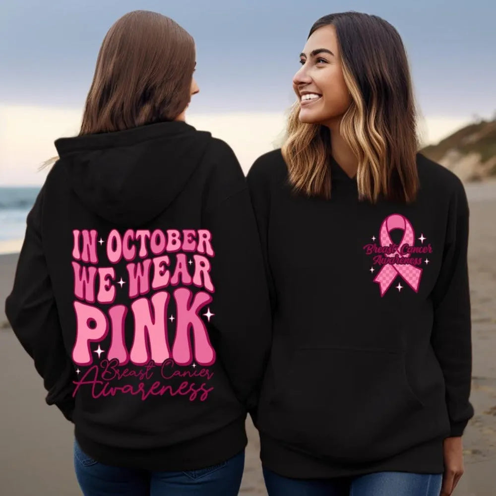 Breast cancer awareness pullover hoodie with retro hot stamping art design and a side seam pocket.